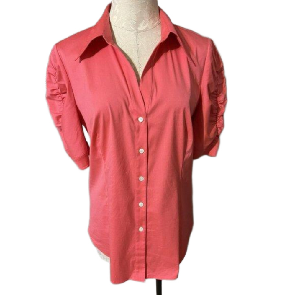 Lafayette 148 NY Shirt Coral 6 Small Short Ruched Sleeve Stretch Cotton - Picture 3 of 10